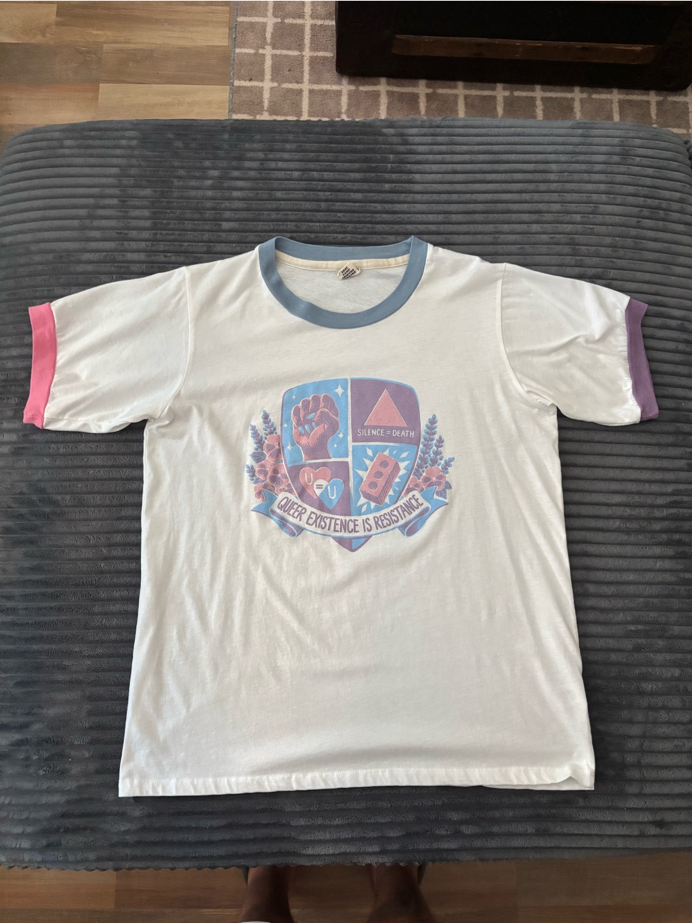 Queer Existence Is Resistance Graphic Ringer Tee - White with Pastel Accents